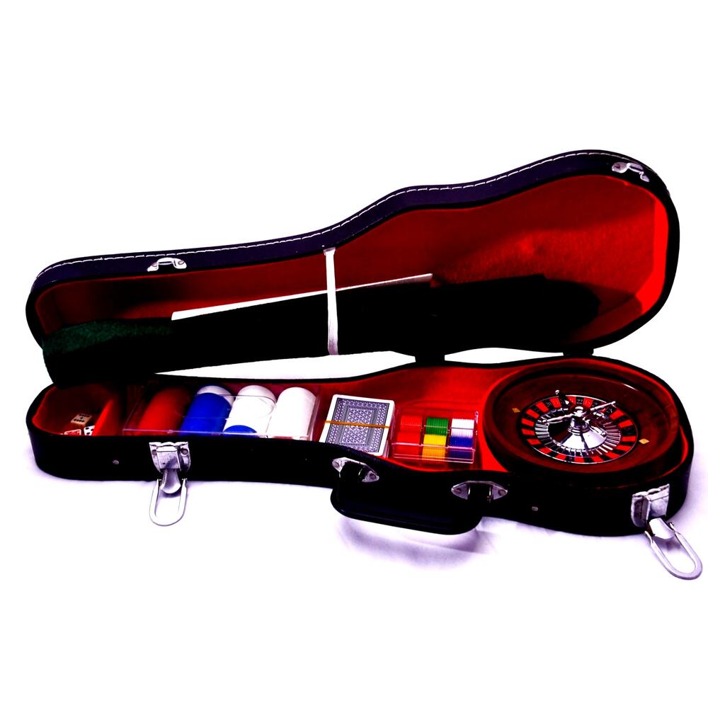 Casino Game Set Roulette Poker Blackjack Dice Chips Cards in Guitar Case